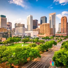 Houston, Texas, USA downtown city skyline over Root Square.